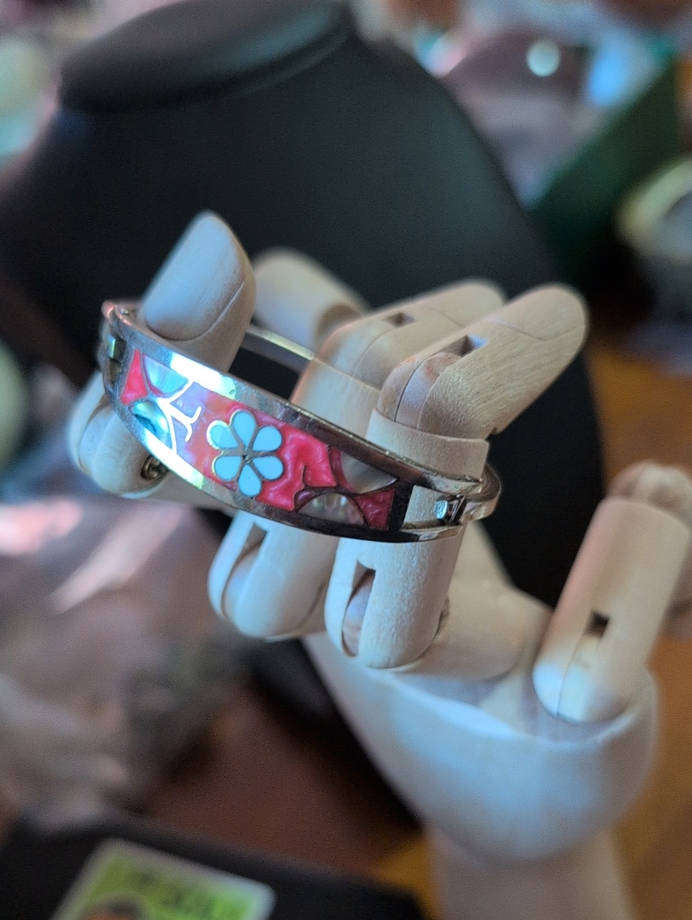Floral Inlay Pink Shell and Silver Mexico Children's Bangle Bracelet